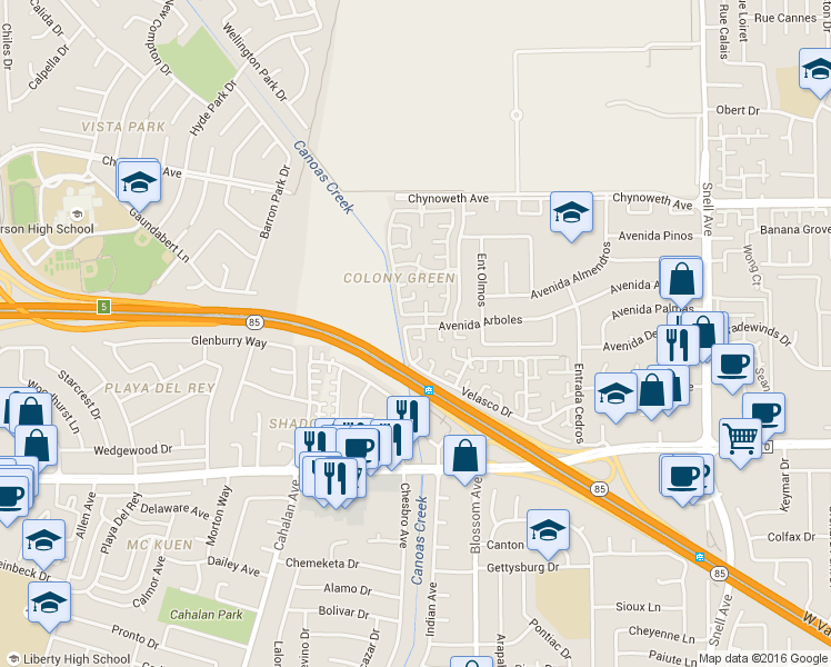 map of restaurants, bars, coffee shops, grocery stores, and more near 433 Colony Cove Drive in San Jose