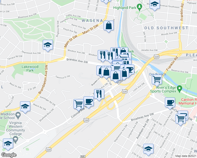map of restaurants, bars, coffee shops, grocery stores, and more near 100 Brandon Ln SW in Roanoke