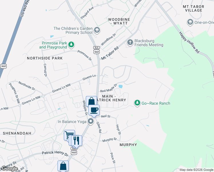 map of restaurants, bars, coffee shops, grocery stores, and more near 206 Mountain Breeze Drive in Blacksburg
