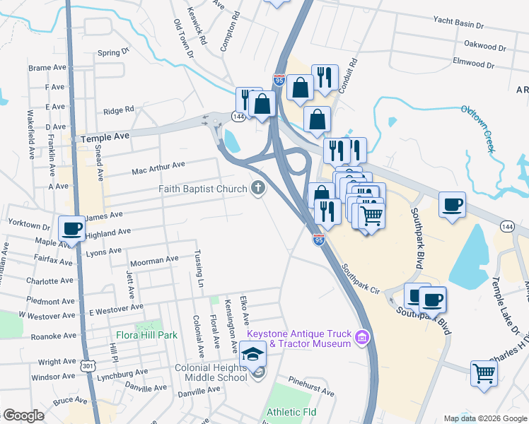 map of restaurants, bars, coffee shops, grocery stores, and more near 1226 West Roslyn Road in Colonial Heights