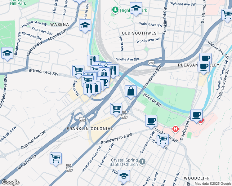 map of restaurants, bars, coffee shops, grocery stores, and more near 2020 Sanford Avenue Southwest in Roanoke