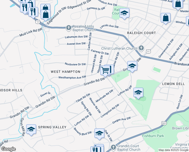 map of restaurants, bars, coffee shops, grocery stores, and more near 2414 Westhampton Avenue Southwest in Roanoke