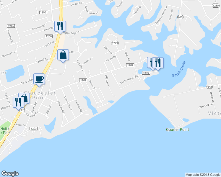 map of restaurants, bars, coffee shops, grocery stores, and more near 1519 Hollyrod Lane in Gloucester Point