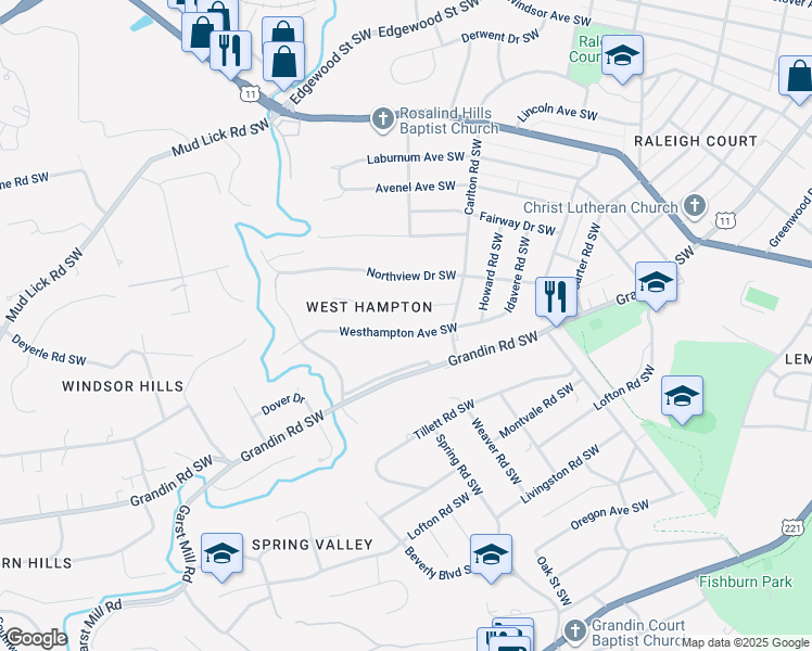 map of restaurants, bars, coffee shops, grocery stores, and more near 2637 Westhampton Avenue Southwest in Roanoke