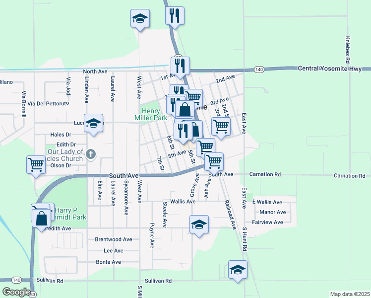map of restaurants, bars, coffee shops, grocery stores, and more near 444 5th St in Gustine