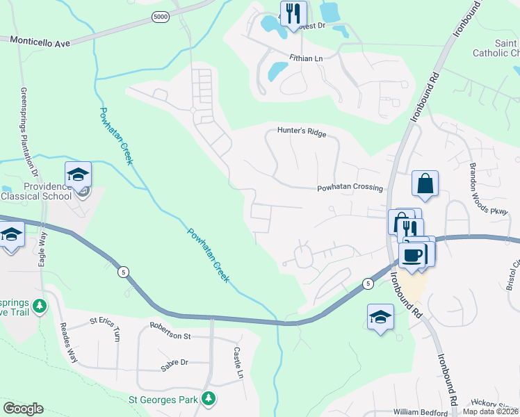 map of restaurants, bars, coffee shops, grocery stores, and more near 4469 Powhatan Crossing in Williamsburg