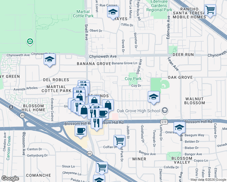 map of restaurants, bars, coffee shops, grocery stores, and more near 287 Tradewinds Drive in San Jose