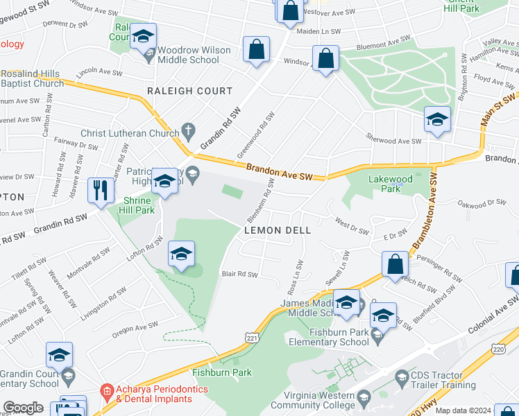 map of restaurants, bars, coffee shops, grocery stores, and more near 2201 Blenheim Road Southwest in Roanoke