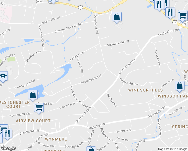 map of restaurants, bars, coffee shops, grocery stores, and more near 3757 Chesterton Street Southwest in Roanoke