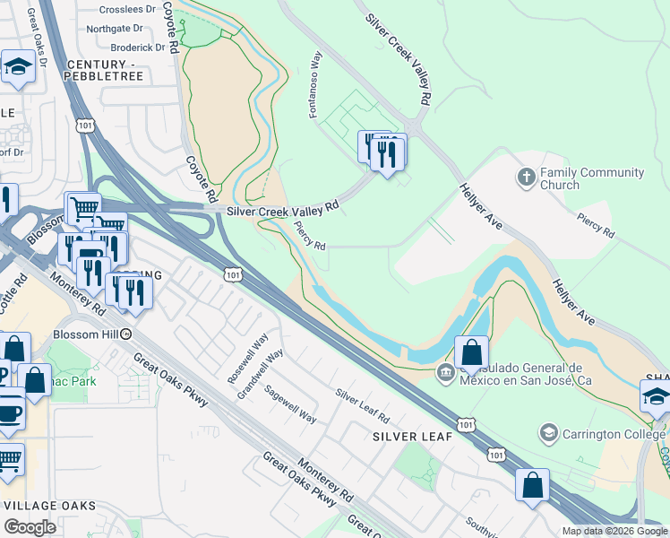 map of restaurants, bars, coffee shops, grocery stores, and more near 158 Piercy Road in San Jose