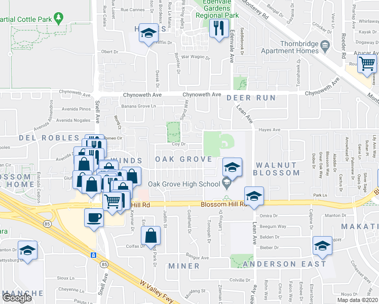 map of restaurants, bars, coffee shops, grocery stores, and more near 199 Coy Drive in San Jose