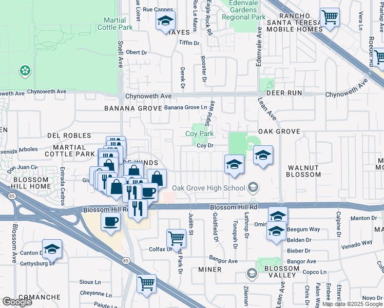 map of restaurants, bars, coffee shops, grocery stores, and more near 233 Coy Drive in San Jose