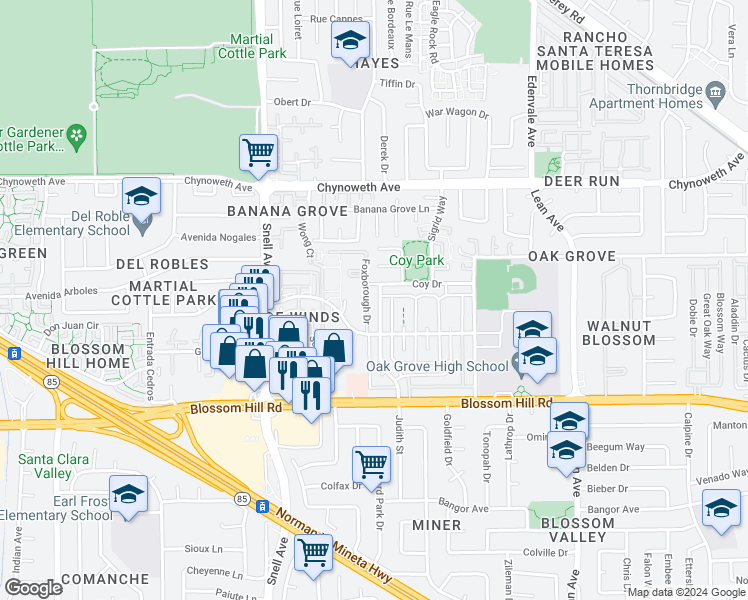 map of restaurants, bars, coffee shops, grocery stores, and more near 233 Coy Drive in San Jose