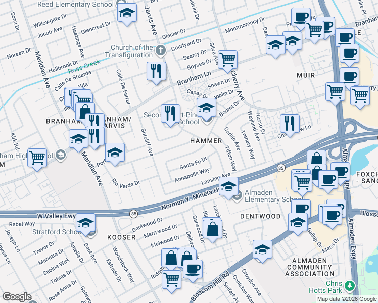 map of restaurants, bars, coffee shops, grocery stores, and more near 1376 Luning Drive in San Jose