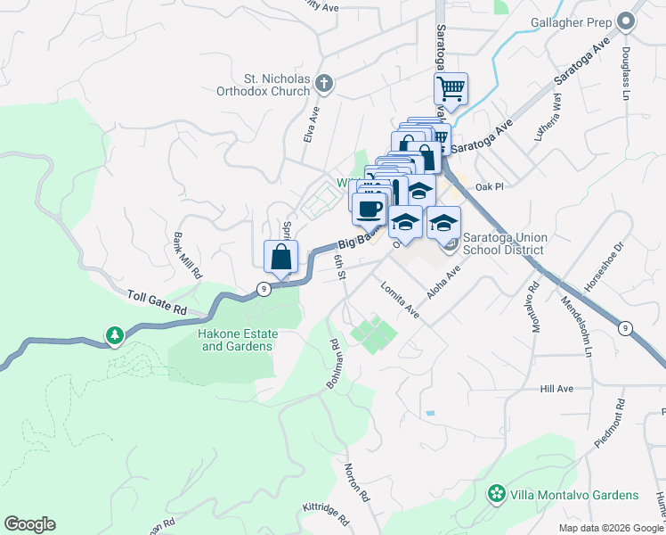 map of restaurants, bars, coffee shops, grocery stores, and more near 14650 Big Basin Way in Saratoga