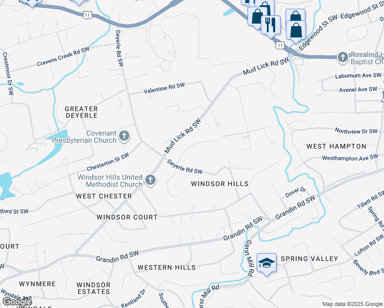 map of restaurants, bars, coffee shops, grocery stores, and more near 3526 Brymoor Road Southwest in Roanoke
