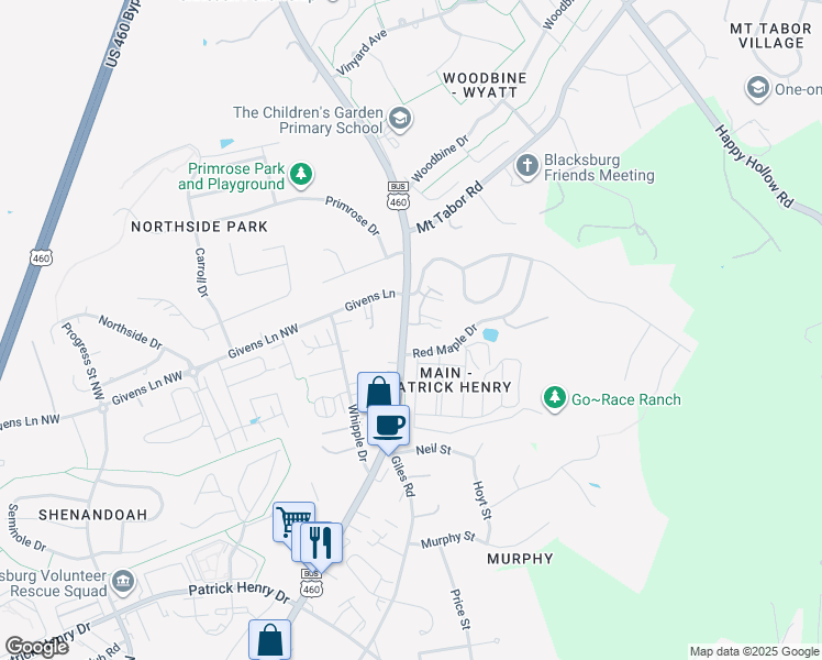 map of restaurants, bars, coffee shops, grocery stores, and more near 101 Givens Lane in Blacksburg