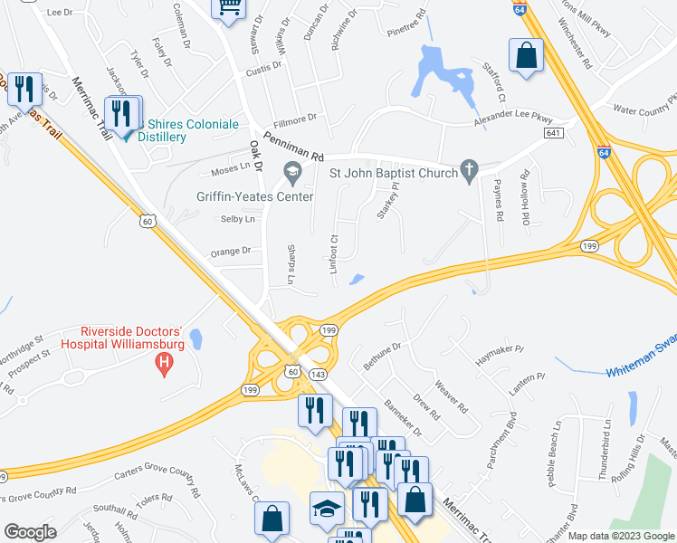 map of restaurants, bars, coffee shops, grocery stores, and more near 203 Linfoot Court in Williamsburg