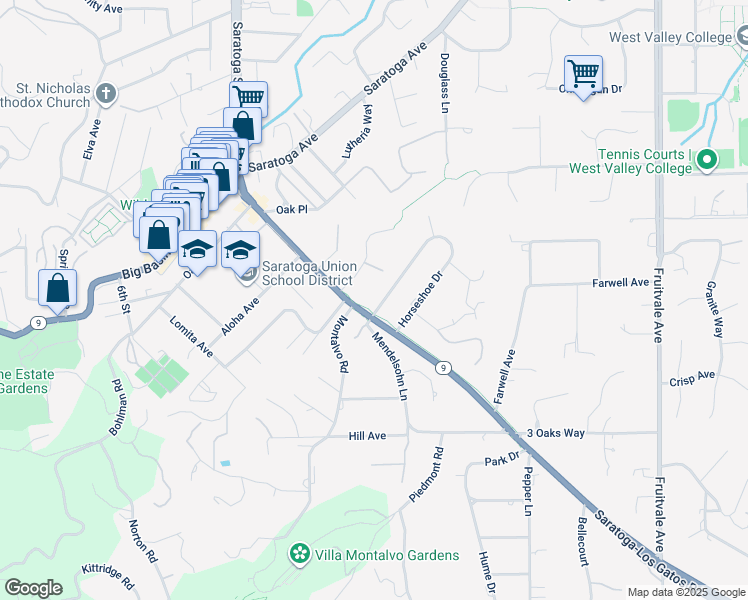map of restaurants, bars, coffee shops, grocery stores, and more near 14685 Horseshoe Drive in Saratoga