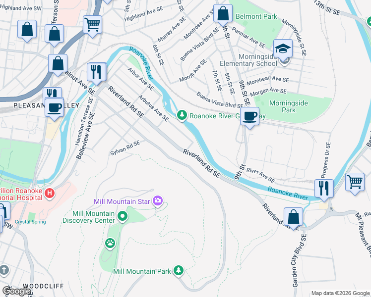 map of restaurants, bars, coffee shops, grocery stores, and more near 744 Riverland Road Southeast in Roanoke