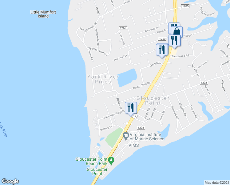 map of restaurants, bars, coffee shops, grocery stores, and more near 7402 Camp Okee Drive in Gloucester Point