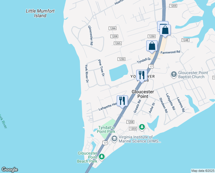 map of restaurants, bars, coffee shops, grocery stores, and more near 7402 Camp Okee Drive in Gloucester Point
