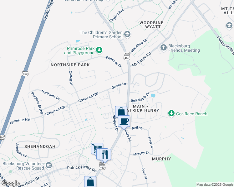 map of restaurants, bars, coffee shops, grocery stores, and more near 105 Givens Lane in Blacksburg