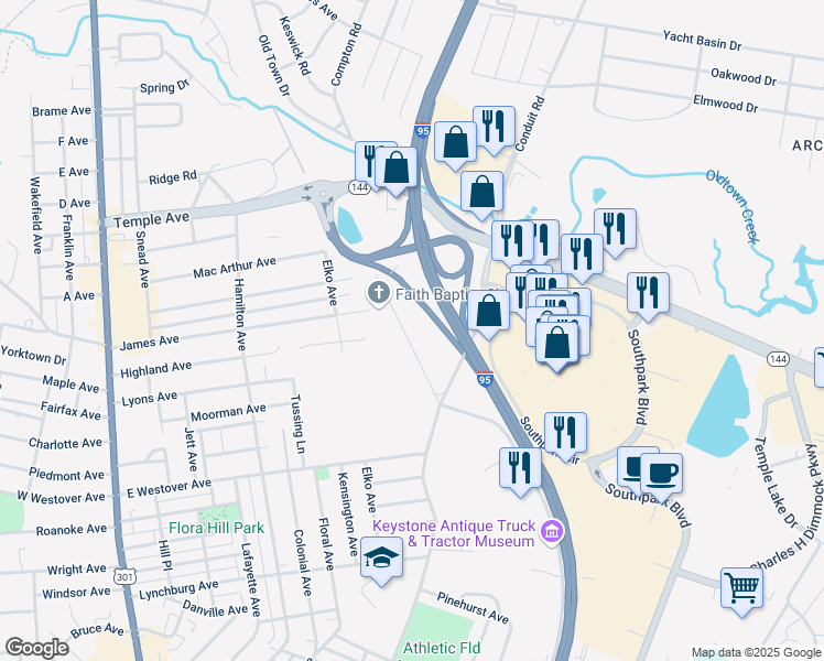 map of restaurants, bars, coffee shops, grocery stores, and more near 1223 West Roslyn Road in Colonial Heights