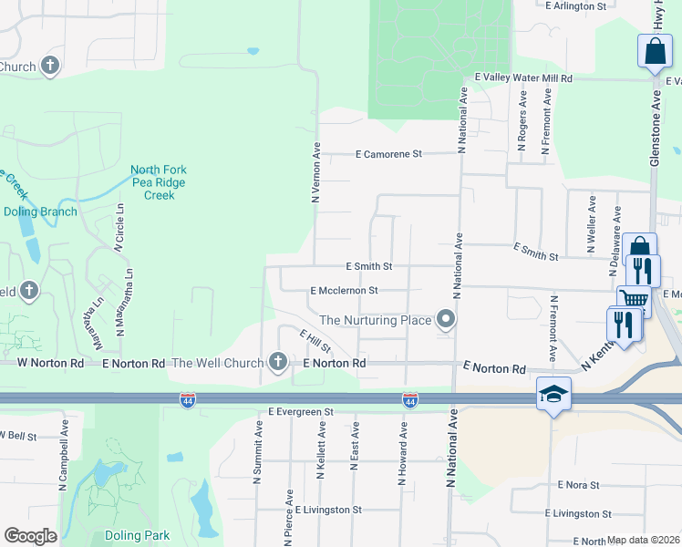 map of restaurants, bars, coffee shops, grocery stores, and more near 933 East Smith Street in Springfield