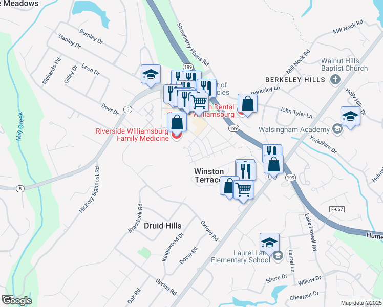 map of restaurants, bars, coffee shops, grocery stores, and more near 5294 John Tyler Highway in Williamsburg