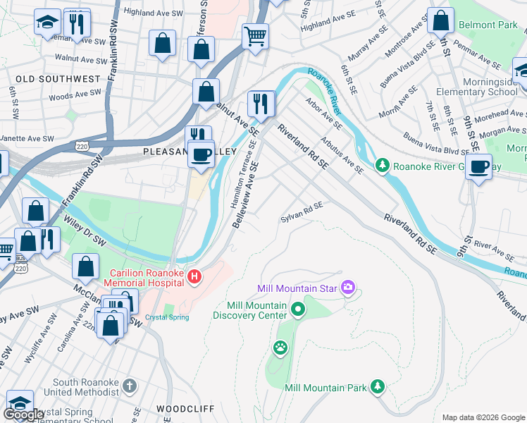 map of restaurants, bars, coffee shops, grocery stores, and more near 1339 Woodbine Street Southeast in Roanoke