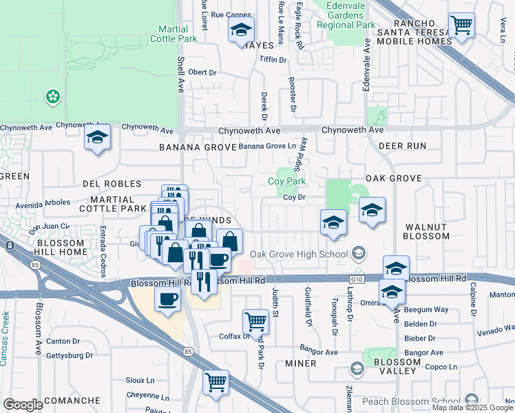 map of restaurants, bars, coffee shops, grocery stores, and more near 233 Coy Drive in San Jose