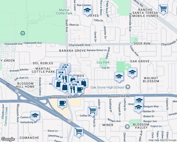 map of restaurants, bars, coffee shops, grocery stores, and more near 287 Tradewinds Drive in San Jose