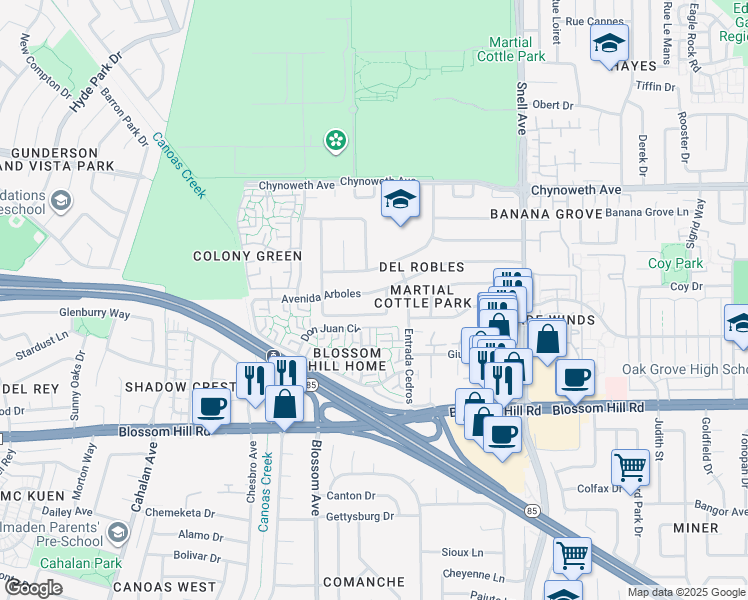 map of restaurants, bars, coffee shops, grocery stores, and more near 393 Avenida Arboles in San Jose