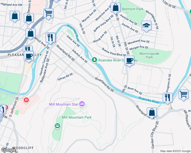 map of restaurants, bars, coffee shops, grocery stores, and more near 766 Riverland Road Southeast in Roanoke