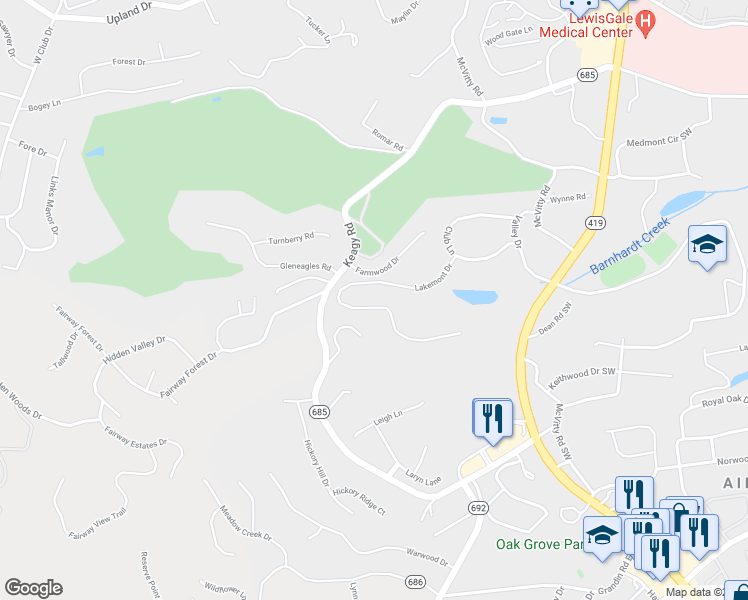 map of restaurants, bars, coffee shops, grocery stores, and more near 5948 Lakemont Drive in Roanoke