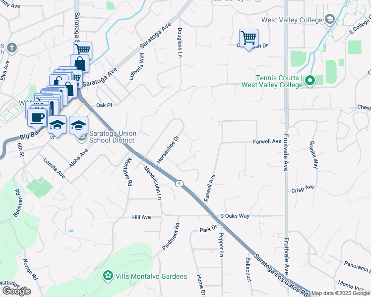 map of restaurants, bars, coffee shops, grocery stores, and more near 14582 Horseshoe Drive in Saratoga