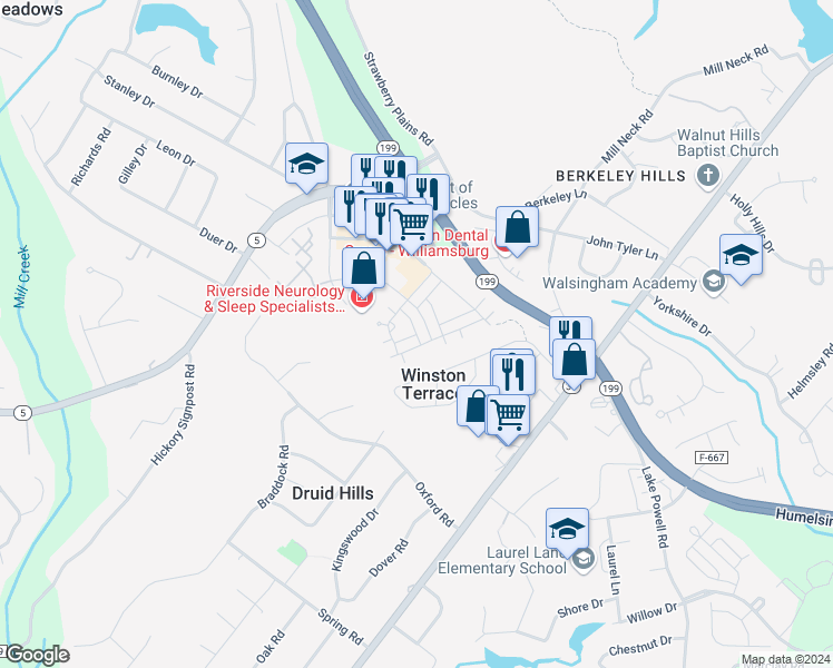 map of restaurants, bars, coffee shops, grocery stores, and more near 4302 Ballata Road in Williamsburg