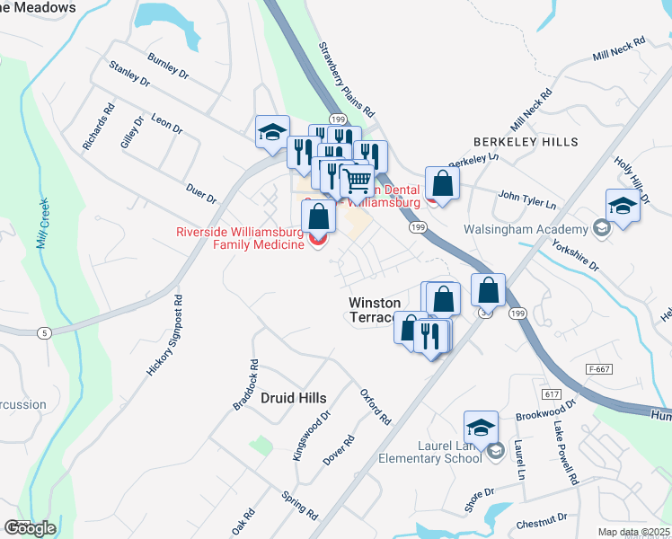 map of restaurants, bars, coffee shops, grocery stores, and more near 304 Promenade Lane in Williamsburg