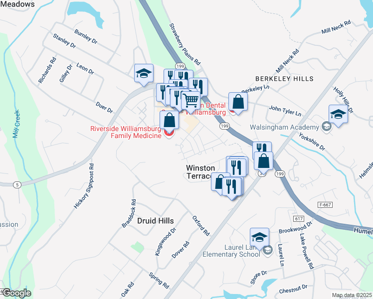 map of restaurants, bars, coffee shops, grocery stores, and more near 5294 John Tyler Highway in Williamsburg