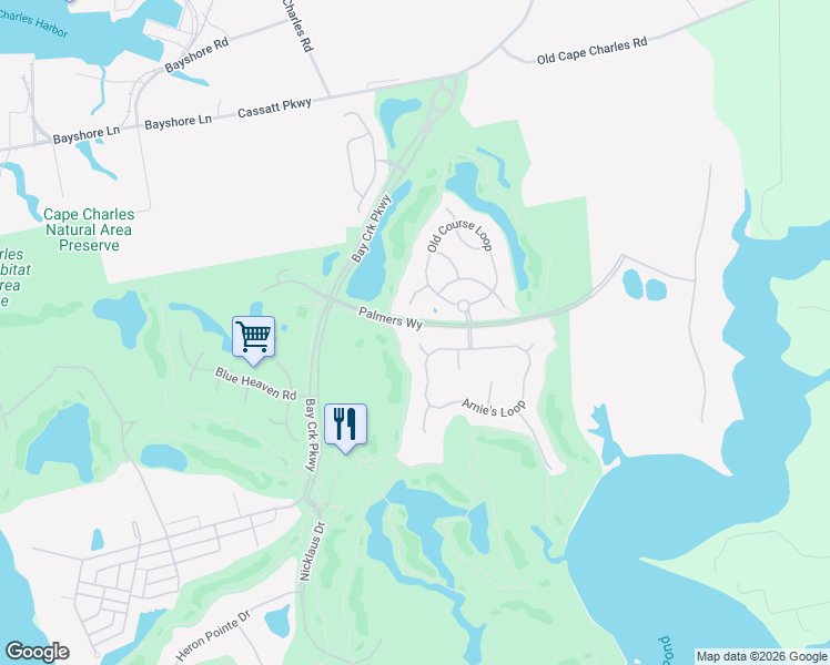 map of restaurants, bars, coffee shops, grocery stores, and more near 52 Moon Court in Cape Charles