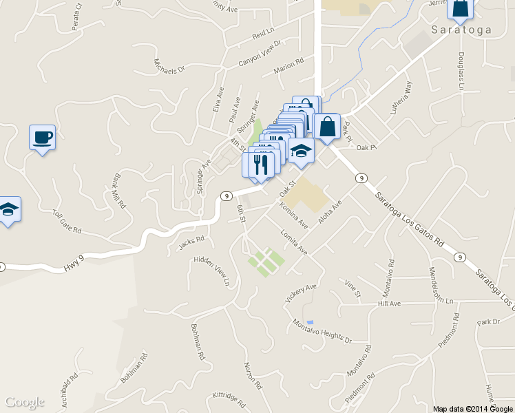 map of restaurants, bars, coffee shops, grocery stores, and more near 20713 Saint Charles Street in Saratoga