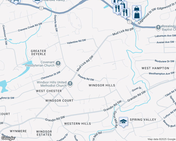 map of restaurants, bars, coffee shops, grocery stores, and more near 3526 Brymoor Road Southwest in Roanoke