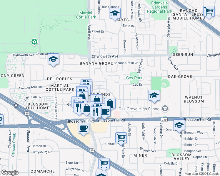 map of restaurants, bars, coffee shops, grocery stores, and more near 309 Tradewinds Drive in San Jose