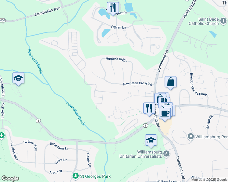 map of restaurants, bars, coffee shops, grocery stores, and more near 4227 Berry Square in Williamsburg