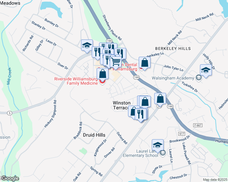 map of restaurants, bars, coffee shops, grocery stores, and more near 4302 Ballata Road in Williamsburg