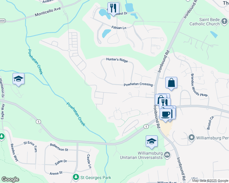 map of restaurants, bars, coffee shops, grocery stores, and more near 4227 Berry Square in Williamsburg