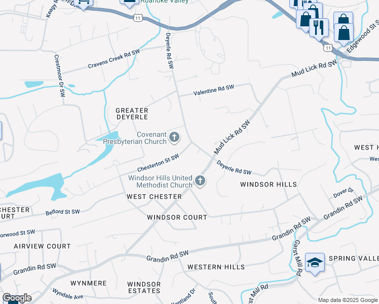 map of restaurants, bars, coffee shops, grocery stores, and more near 3716 Chesterton Street Southwest in Roanoke