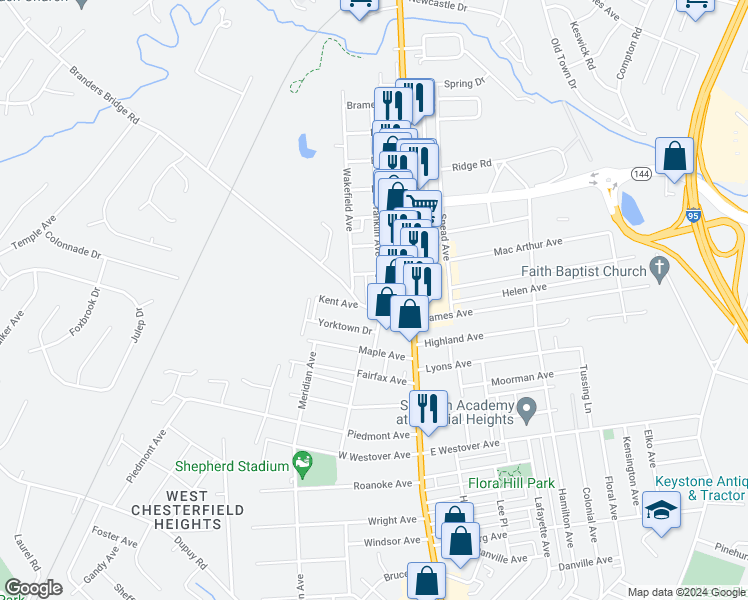 map of restaurants, bars, coffee shops, grocery stores, and more near 1618 Franklin Avenue in Colonial Heights