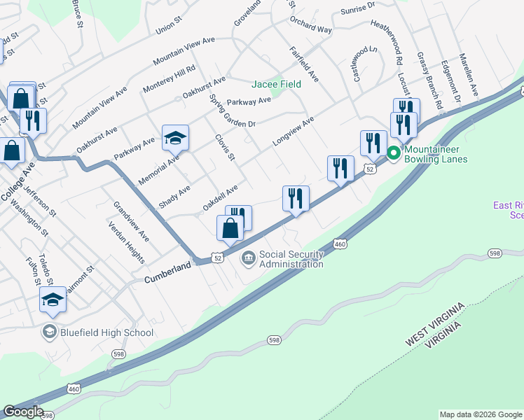 map of restaurants, bars, coffee shops, grocery stores, and more near 247 Ridgecrest Road in Bluefield